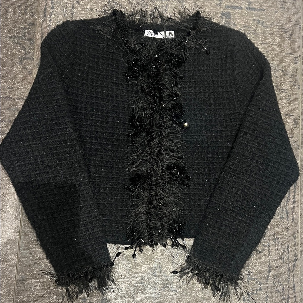 Zara Black Textured Blazer with Fringe Detail